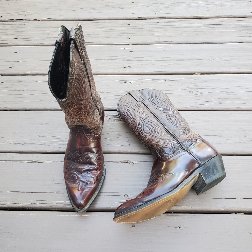 Vintage 80s Laredo Distressed Brown Leather Western Cowboy Motorcycle Work Boots